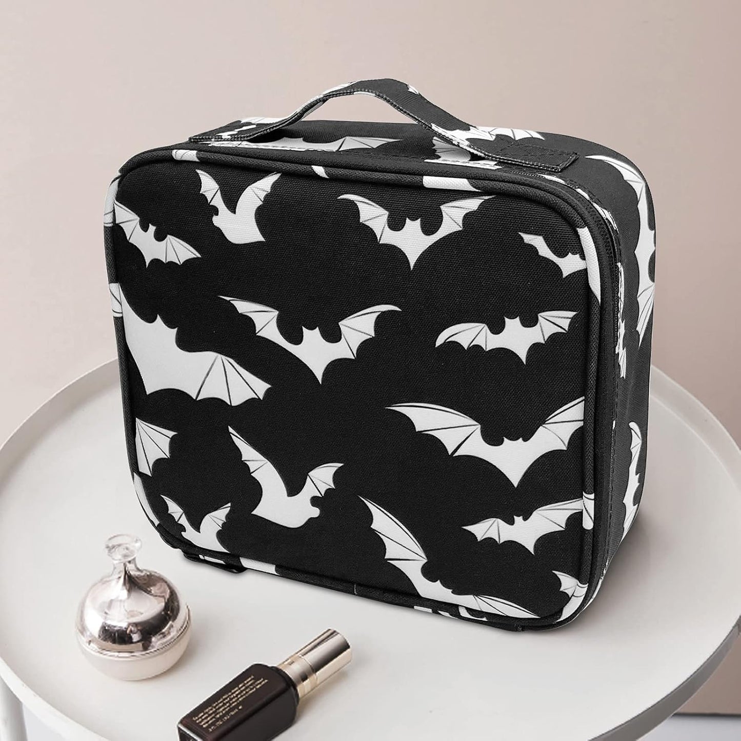 Goth Makeup Organizer Bag, Halloween Makeup Bags Large Cosmetic Bag with Adjustable Dividers Portable Bat Cosmetic Case for Make up Brushes Toiletry Jewelry(Black Bats)