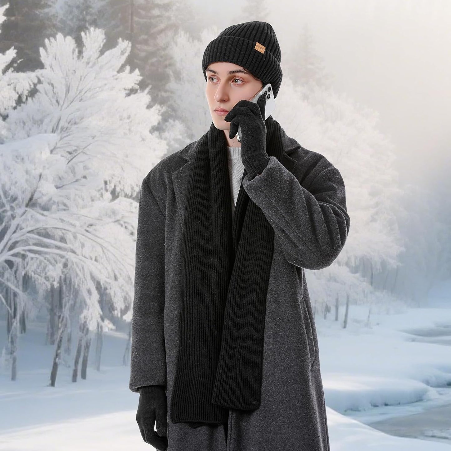 Winter Beanie Hats for Men Long Neck Scarf and Touchscreen Gloves Set with Fleece Lined Skull Caps Gifts for Men