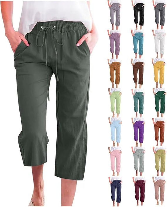 Summer Capris Pants for Women plus Size Cotton Linen Casual Pants Straight Wide Leg Loose Drawstring Elastic Waist Pant