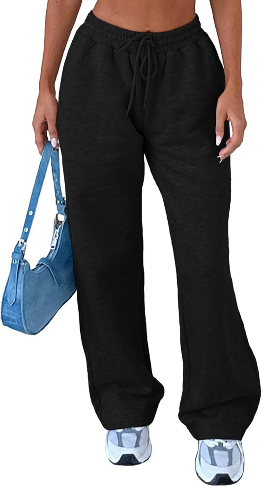 Women'S Casual Drawstring High Waisted Sweatpants Wide Straight Leg Lounge Pants with Pockets