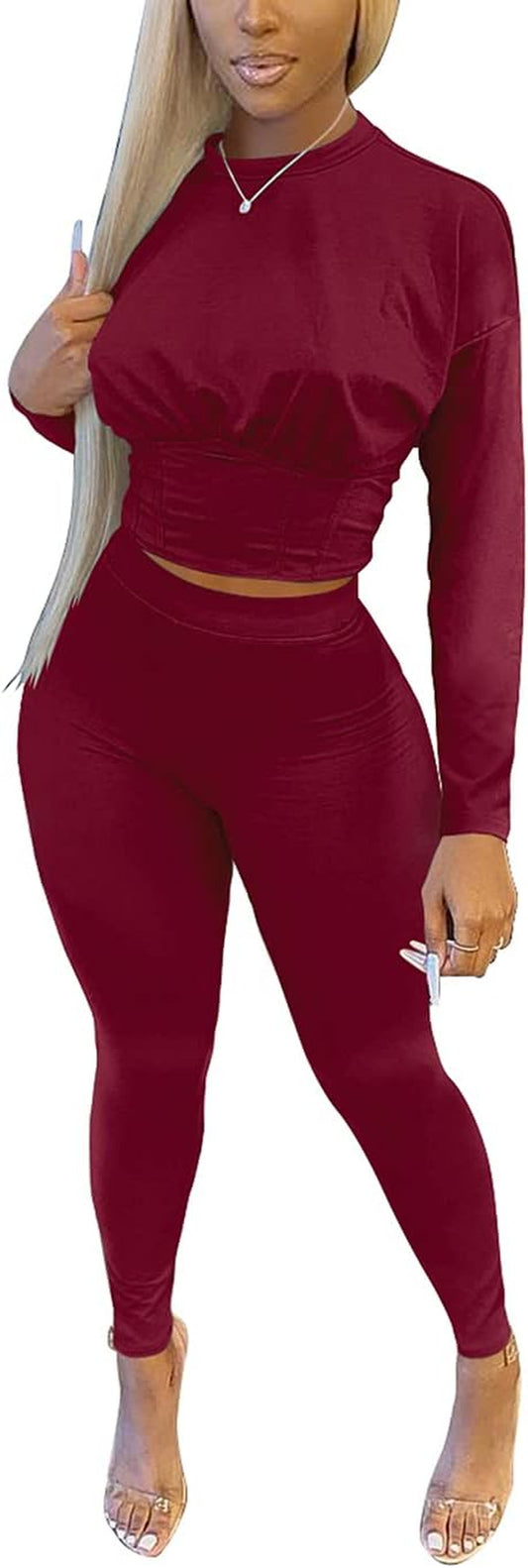 Women's Solid Color Two-Piece Outfit: Long Sleeve Crop Top and Bodycon Jogger Pants Tracksuit