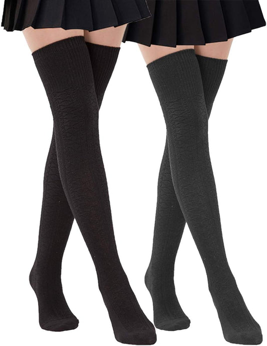 Extra Long Cotton Knit Thigh High Socks for Women - Warm Winter Over-the-Knee Boot Stockings in Black and Dark Grey (Set of 2)